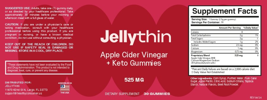 JellyThin supplement facts label with Apple Cider Vinegar and BHB ingredients