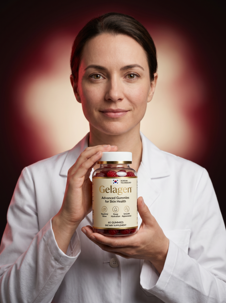 Woman in white coat holding a bottle of Gelagen beauty gummies